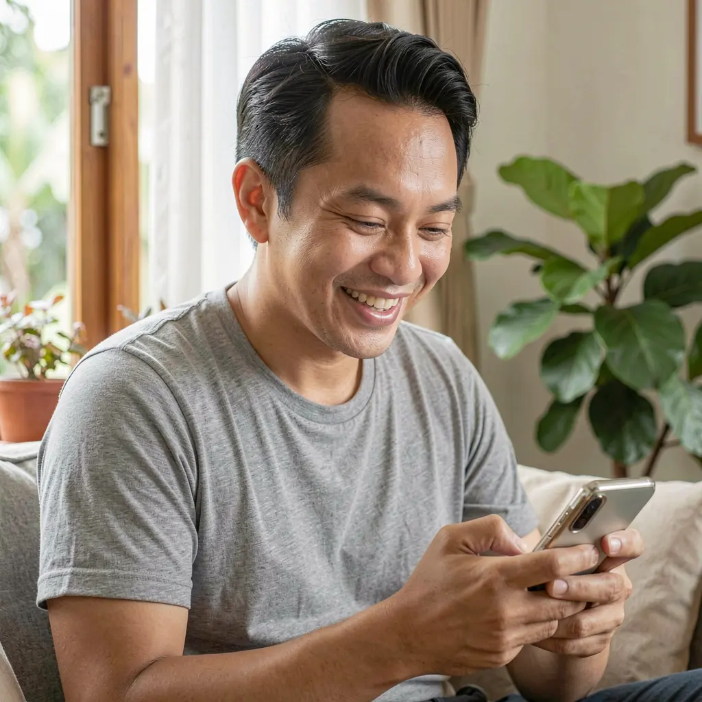 VIPOK77 App – Enjoy a smooth and user friendly mobile casino experience in the Philippines Smiling Filipino man using the VIPOK77 mobile casino app on his smartphone while relaxing at home in soft natural daylight