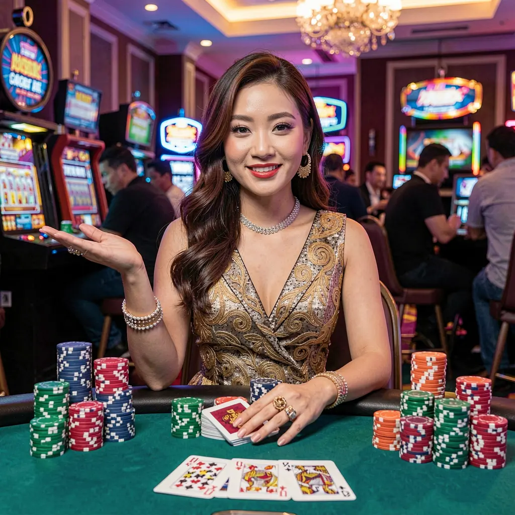 VIPOK77 – Discover immersive live casino tables made for Filipino players Professional live casino dealer standing at a gaming table with stacked chips and slot machines in the background showcasing the immersive VIPOK77 casino experience for players in the Philippines