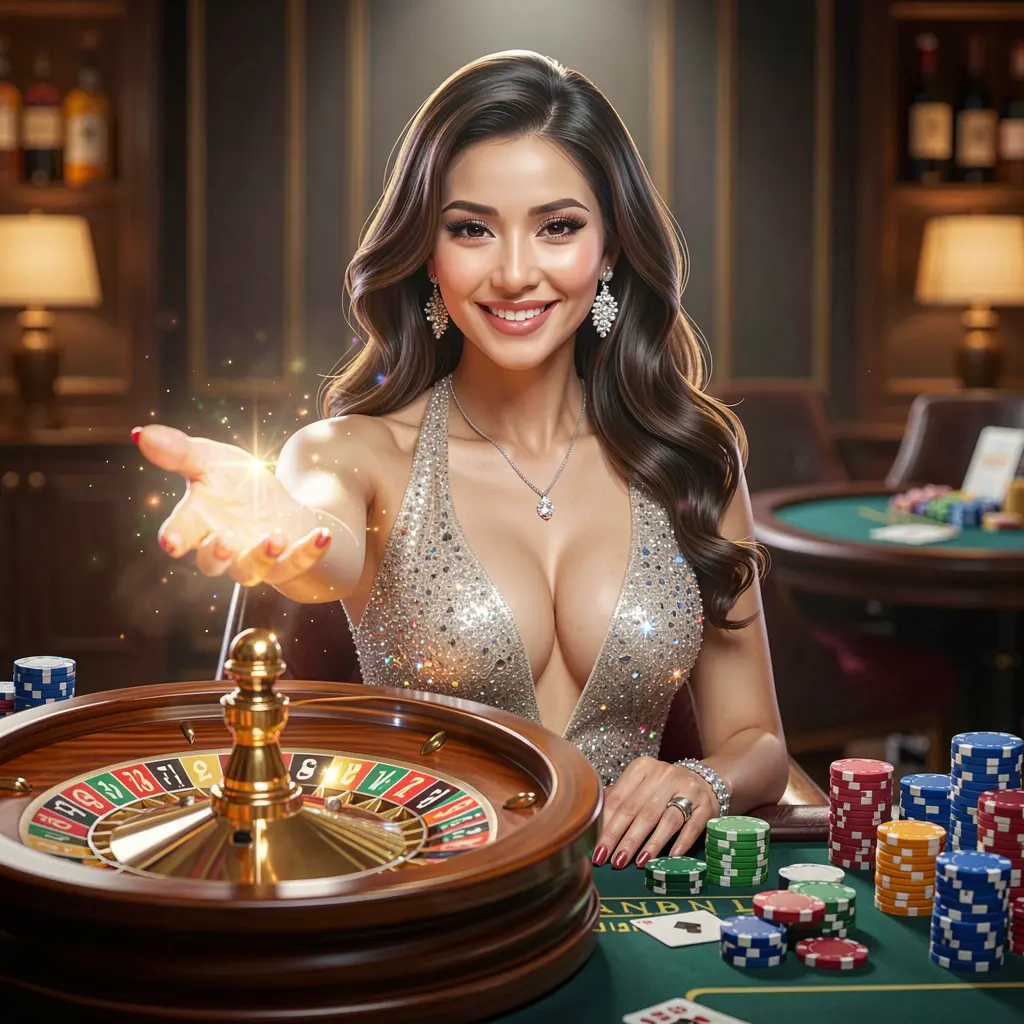 Smiling live casino dealer in a glamorous outfit reaching out to invite players inside a glowing roulette environment on VIPOK77 Philippines