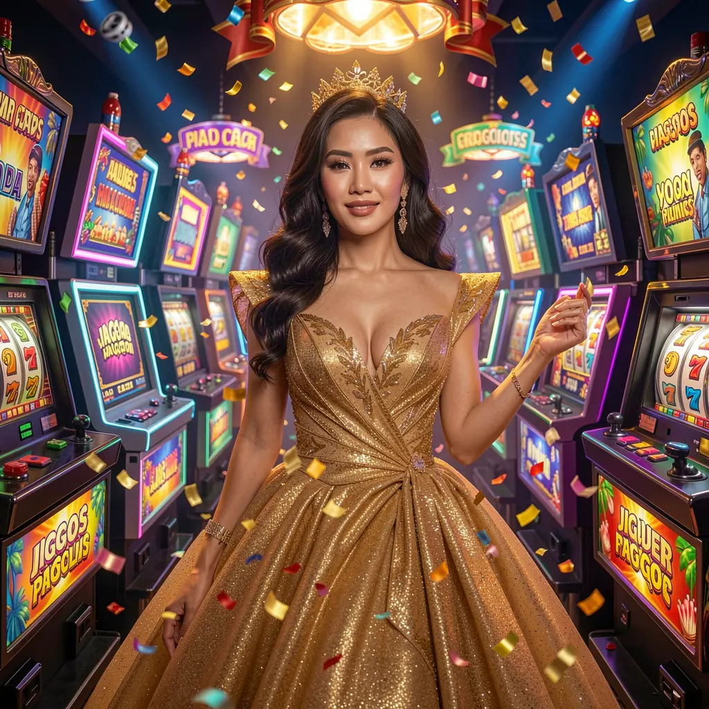 VIPOK77 – Explore a world of premium online slots for players in the Philippines A glamorous woman in a golden dress standing among glowing slot machines in a luxury casino atmosphere at VIPOK77, highlighting premium online slots for players in the Philippines